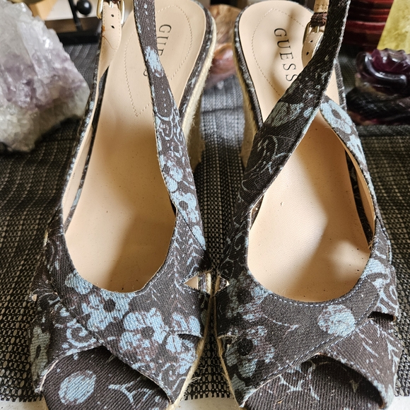 Guess Women's Brown and Blue Floral Wedge Sandals - Picture 1 of 6